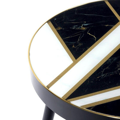 Black, white and gold marble design glass top end table